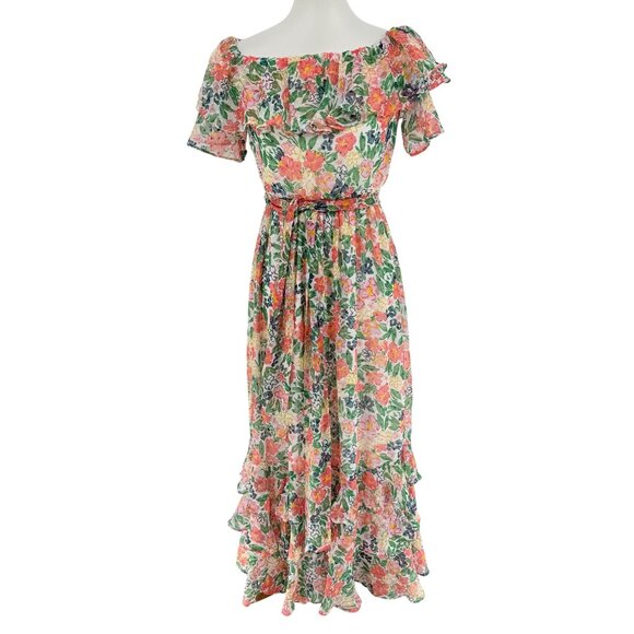 Floral Ruffle Midi Dress Vince Camuto XXS Polyester Made In India - Picture 2 of 6